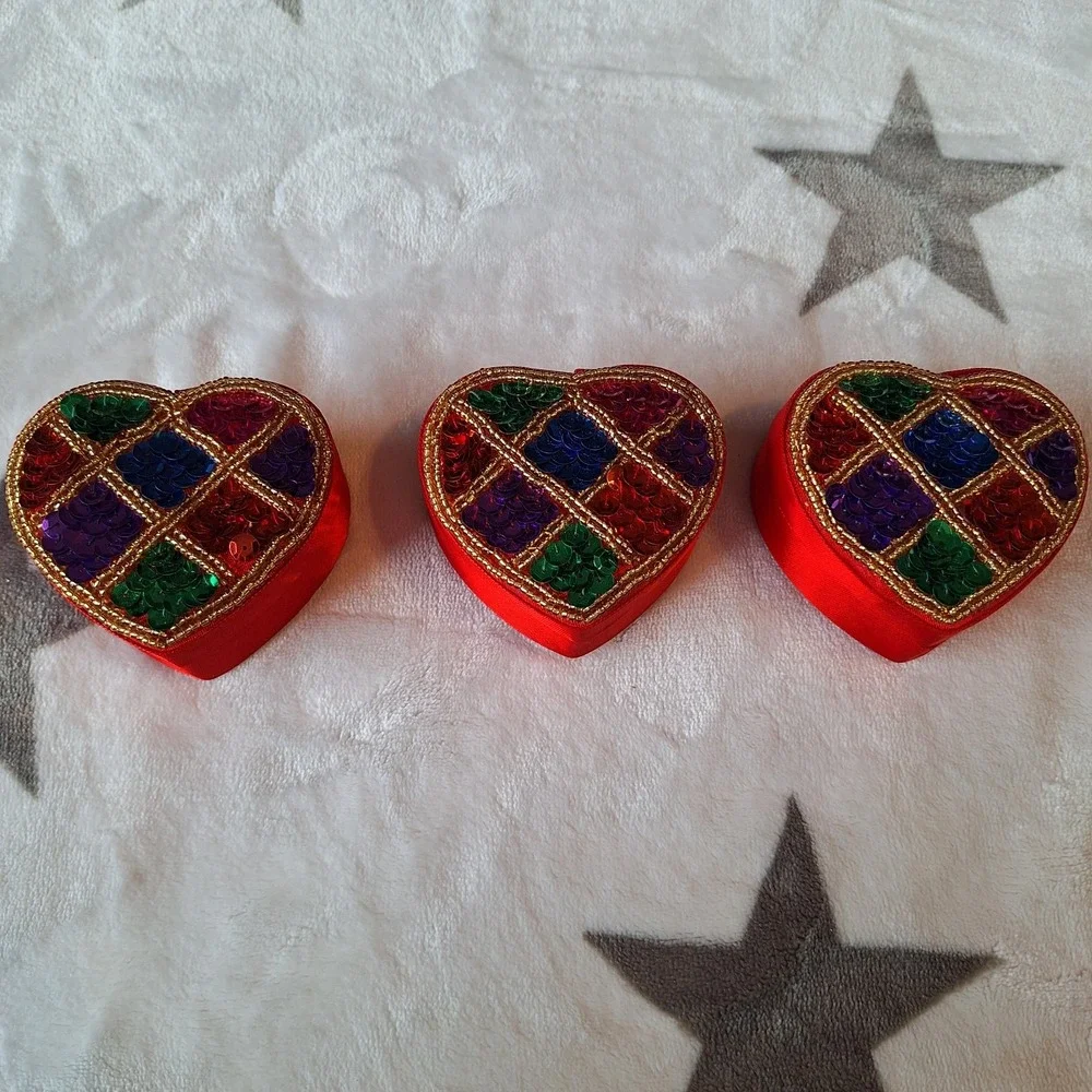 Vintage‎ Set of 3 Small Sequined Satin Multicolor Heart Box Jewelry Trinket